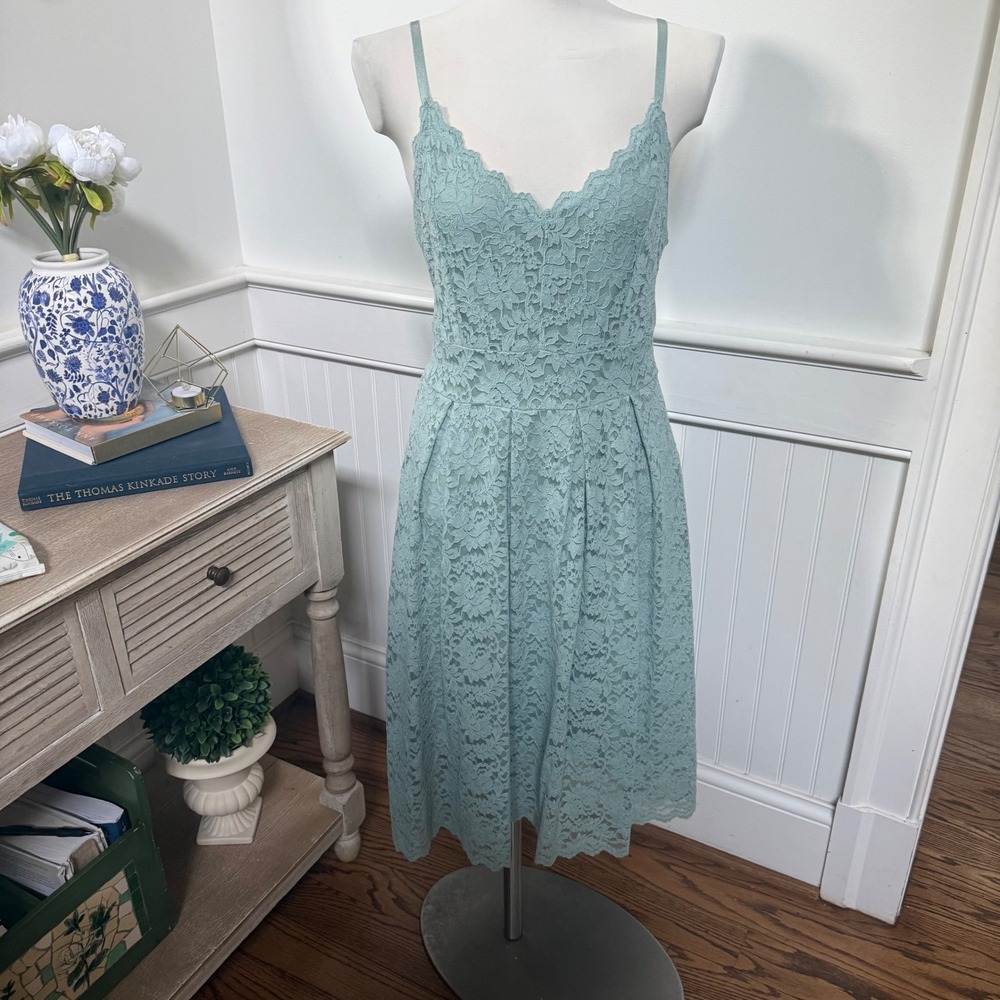 Atulewhi Women Sage Green Floral Lace Midi Dress Fit & Flare V-Neck Size L